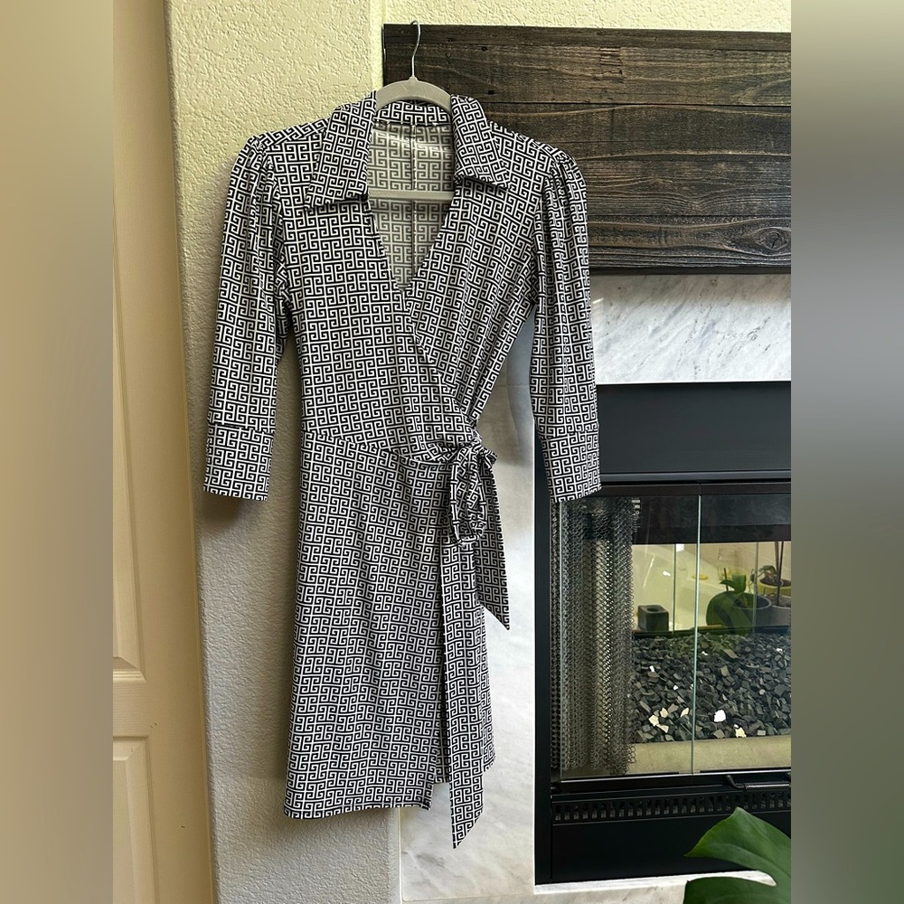 Black and White Patterned Wrap Dress